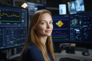 Confident Data Analyst with Complex Data Visualizations on Multiple Screens