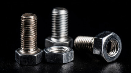 Metal Screws and Nuts on Black Background – Close-Up of Fasteners


