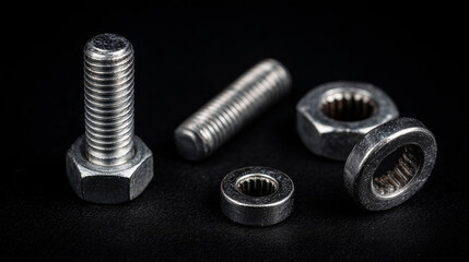 Detailed View of Screws and Nuts – Mechanical Parts Isolated on Black

