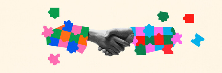 Collage-style artwork. Two arms extending into a handshake, both made from multi-colored puzzle...