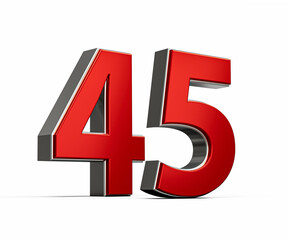 Fototapeta premium Bold Vibrant Red Number Forty five Number 45 With Sleek Metallic White Background 3D Illustration