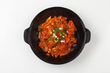   A dish made by stir-frying pork with various seasonings, then stir-frying it again with chives,...