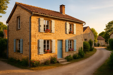 Charming country house with blue shutters and flower pots