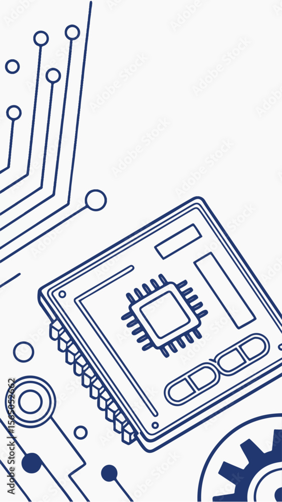 Poster circuit board maze puzzle with electronic design pattern and 3d labyrinth concept illustration