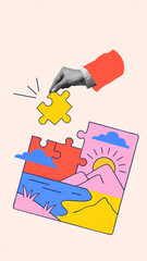 Colorful poster. Hand completing a vibrant puzzle featuring a scenic landscape with mountains, sun,...