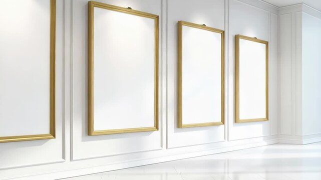 Empty rectangular golden frames hang on a white paneled wall under spotlights in a bright, modern art gallery with white floor