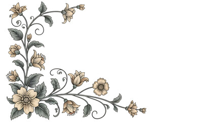 Floral Illustration Shows Corner Arrangement with Flowers and Leaves on Black Backdrop