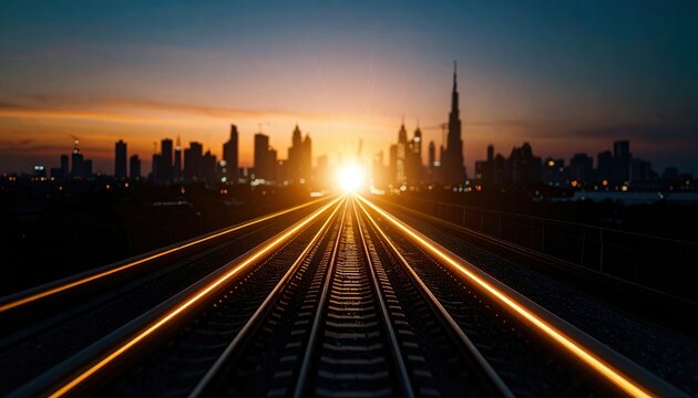 Captivating sunset view of railway tracks leading towards a glowing city skyline, showcasing urban beauty and modern architecture.