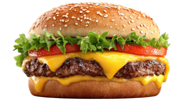 Close up of cheeseburger with lettuce and tomato on transparent background - Powered by Adobe