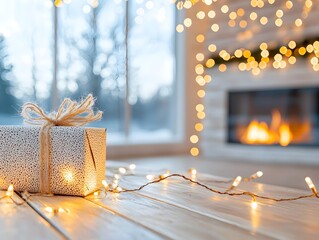 Cozy Christmas Present by Fireplace