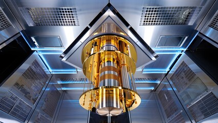 Advanced scientific equipment with golden cylinder suspended in a clean room environment