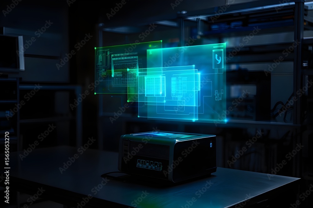 Poster futuristic holographic interface displays complex data above a sleek server unit