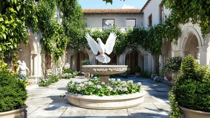 Serene courtyard with a white dove taking flight from an ornate fountain, surrounded by lush greenery and classical architecture