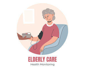Vector isolated flat illustration of elderly woman sitting in armchair during health checkup at home. Senior care and health monitoring concept for medical and caregiving services.