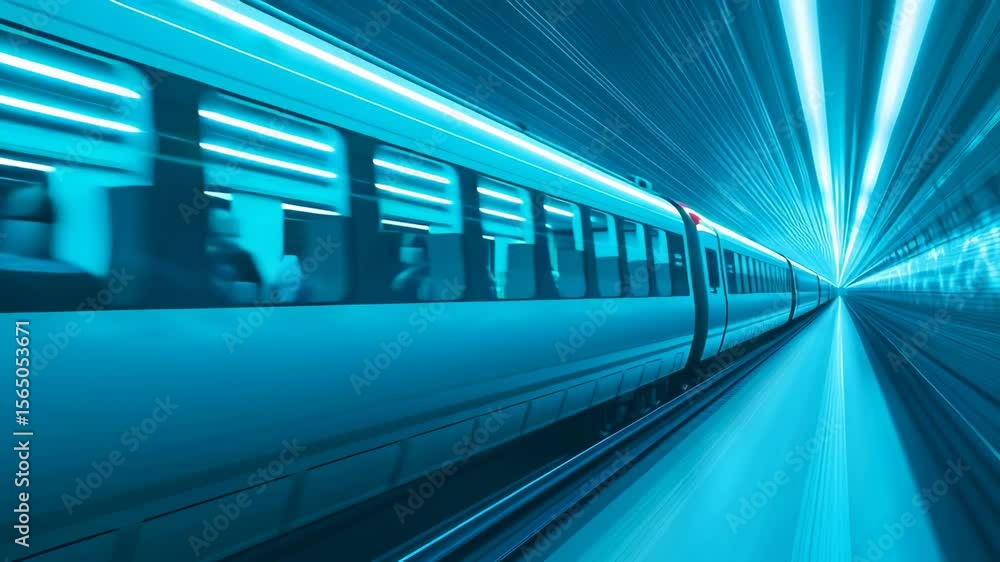 Poster modern passenger train moving at high velocity inside illuminated blue tunnel with motion blur effec