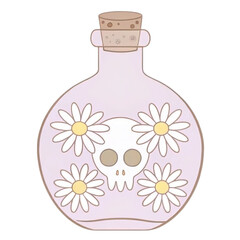 Whimsical skull and daisy potion bottle with cork stopper