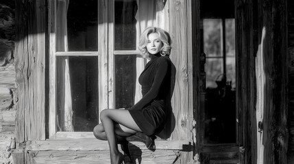 Elegant Woman in Black Dress Sitting on Rustic Wooden Window Sill – Vintage Fashion and Timeless Beauty