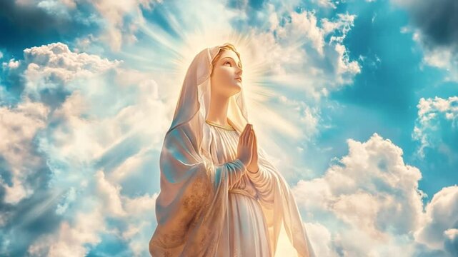 Marble statue depicting blessed virgin mary standing with clasped hands, wearing white garment amid luminous cloudscape and streaming sunlight