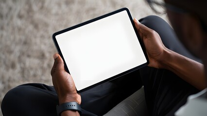 Person holding a tablet with a blank white screen in a horizontal orientation