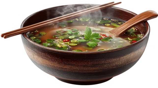 Steaming bowl of soup with chopsticks and spoon on transparent background