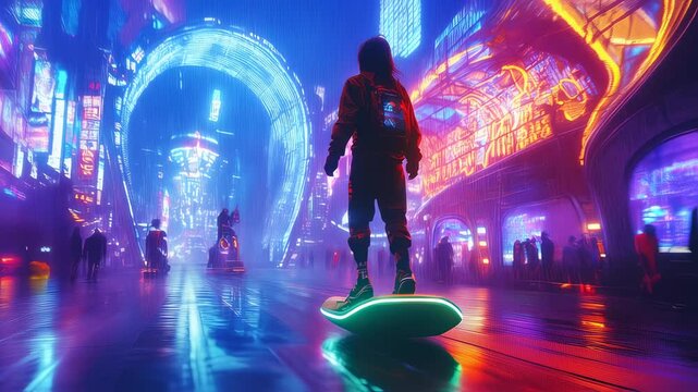 Riding the hoverboard through the dazzling neon lights of a futuristic cityscape