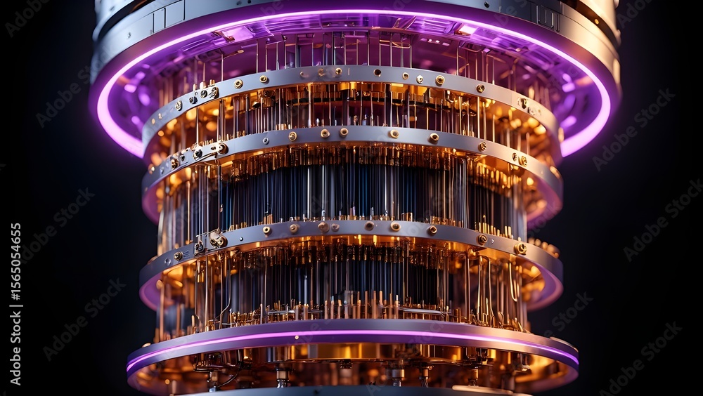 Poster intricate futuristic quantum computer processor with glowing purple circuits on black background