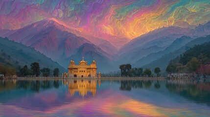 Obraz premium Golden Temple Serenity: A Majestic Mountain Reflection