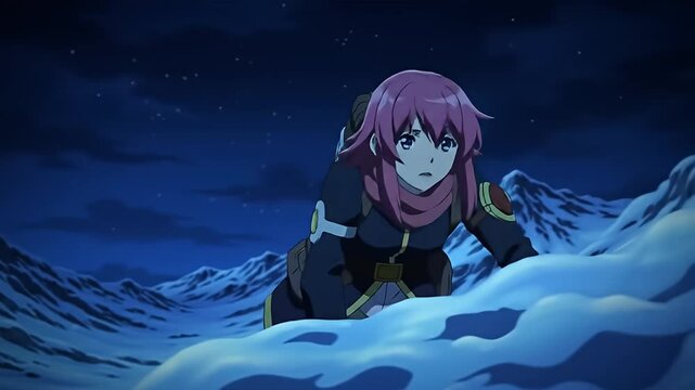 Animated woman with backpack climbs a snowy mountain under starry night sky