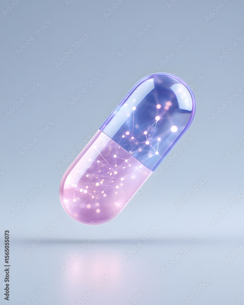 Poster a translucent capsule pill with interconnected glowing nodes inside, symbolizing advanced technology