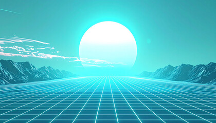 サイバーアクアの山並みと昇る太陽の仮想世界