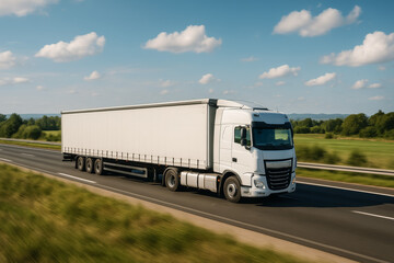 White delivery truck driving on a highway under blue sky