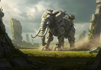 Mechanical elephant in ruined landscape