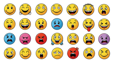 Emoji set expressing various emotions, yellow faces, feeling collection, expressions, comic face
