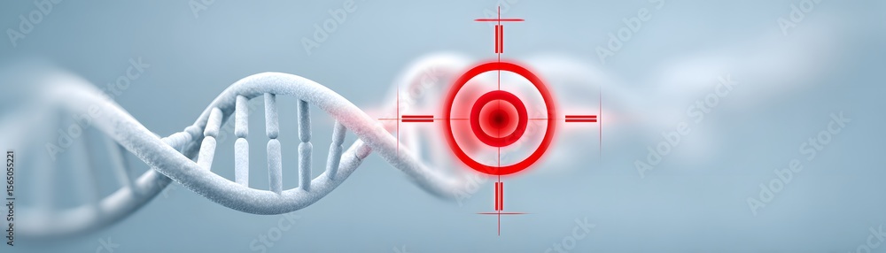 Poster a dna double helix is shown with a red target symbol focusing on a specific gene segment, symbolizin
