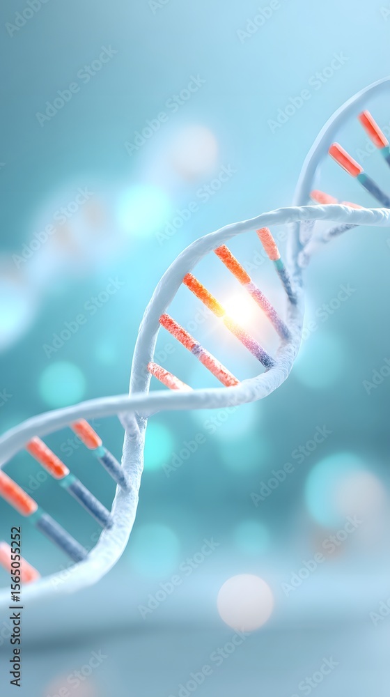 Poster a glowing, close-up 3d rendering of a dna double helix strand with highlighted orange base pairs aga