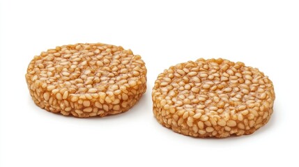 Two round, golden-brown sesame seed confections, glistening, isolated on white