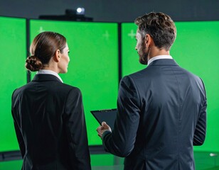 Business colleagues (man and woman) discuss a project in front of multiple green screen monitors. Ideal for presentations, teamwork, and technology concepts. Shot from behind