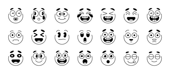 Cartoon face emotions set, outline expressive emoji mood collection, happy, sad, surprised, funny faces