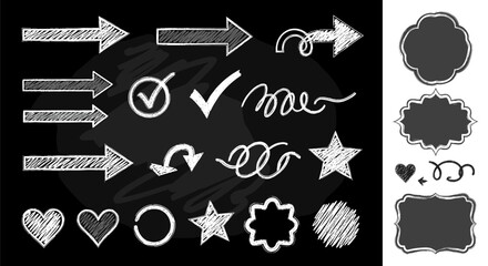 Chalkboard design elements: arrows, check marks, shapes, and decorative doodles