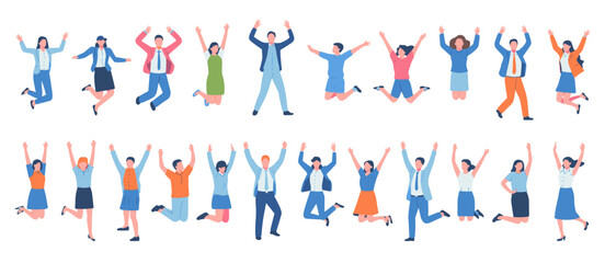 Jumping happy business people, success celebration, diverse group celebrating success