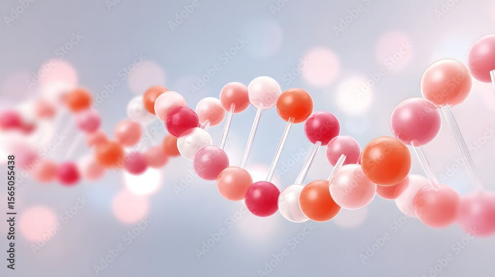 Poster a close-up 3d representation of a dna double helix with colorful spherical molecules connected by ro