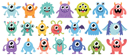Cartoon monsters collection, colorful, fun, cute, playful, whimsical, happy, illustration