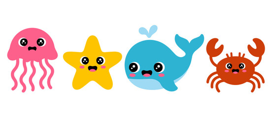 Cartoon sea animals: jellyfish, starfish, whale and crab ocean cute characters illustration