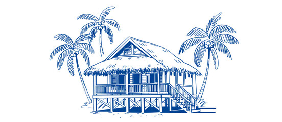 Tropical bungalow sketch with palm trees, beach house drawing in blue color, vacation