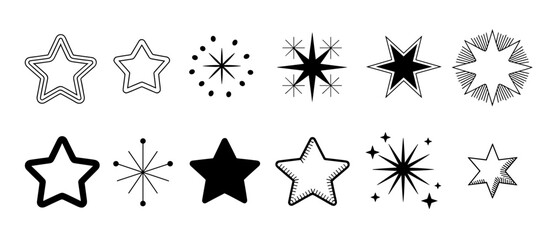 Collection of star shapes, decorative stellar icons for design elements