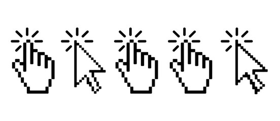 Pixel hand cursor clicking, pointing with finger, computer mouse pointer