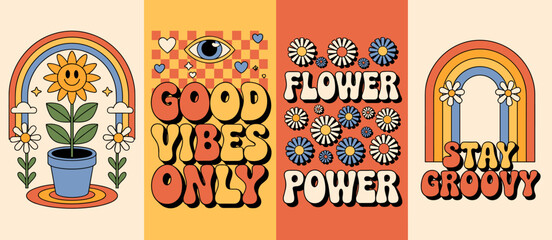 Retro groovy designs with flower power, good vibes, and stay groovy messages