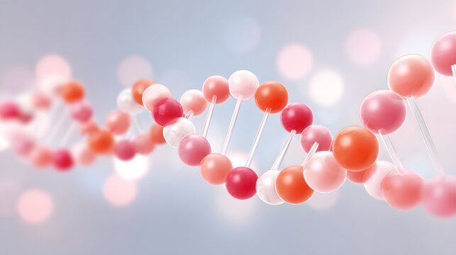 A close-up 3D representation of a DNA double helix with colorful spherical molecules connected by rods on a soft, blurred background. - Powered by Adobe