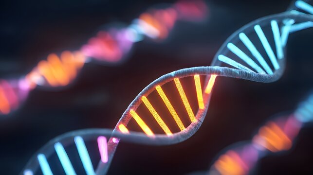 A close-up digital illustration of a glowing DNA double helix strand with vibrant blue and orange colors against a dark background.