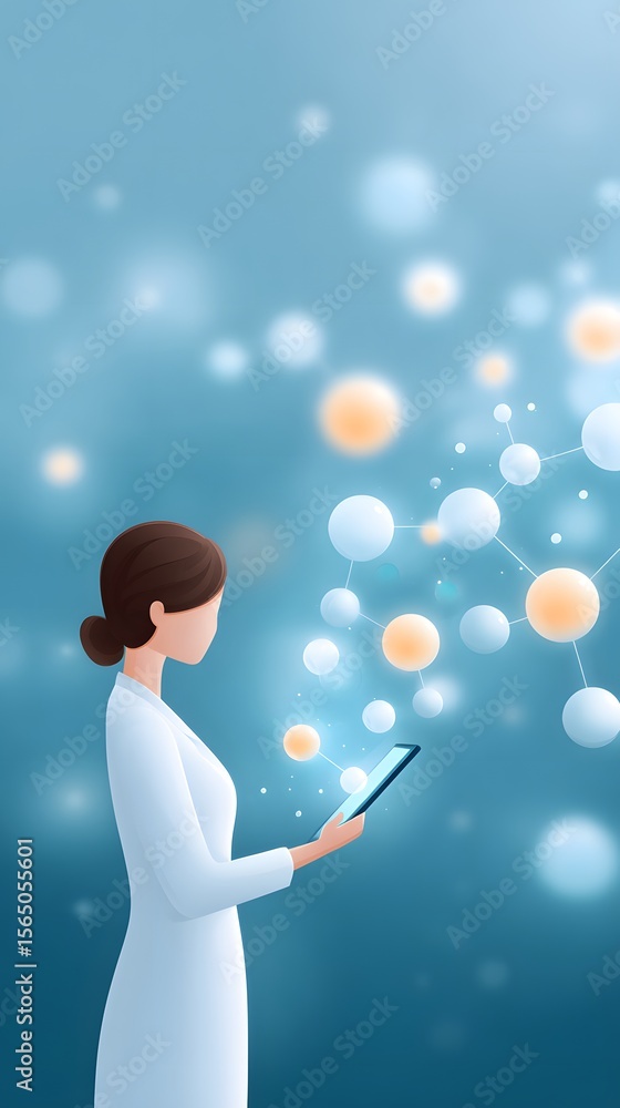 Poster a scientist in a lab coat interacts with a digital tablet, observing a molecular structure represent